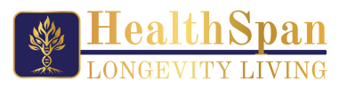 Healthspan Longevity Living Logo with icon on left which is a deep purple with a gold tree and the company name in gold.